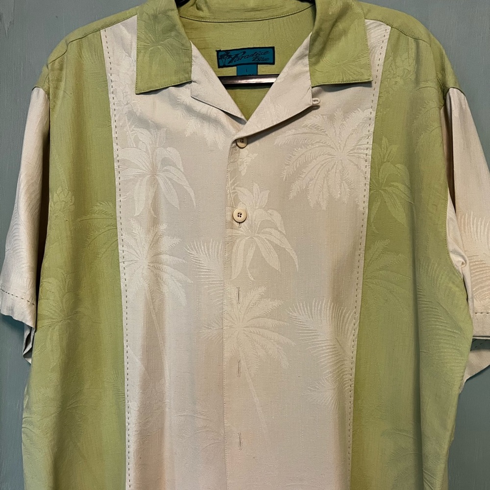 Paradise Blue Aloha Shirt, Green/Beige patten in relief design, L, 100% silk